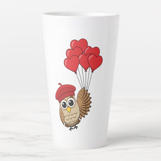 Cute Owl Flying with Heart Balloons Latte Mug (Front)