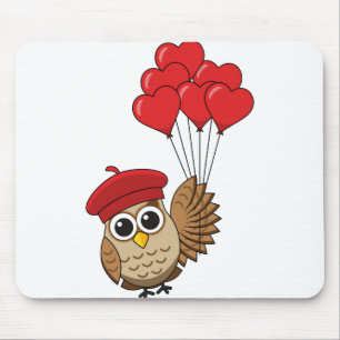 Cute Owl Flying with Heart Balloons Mouse Mat
