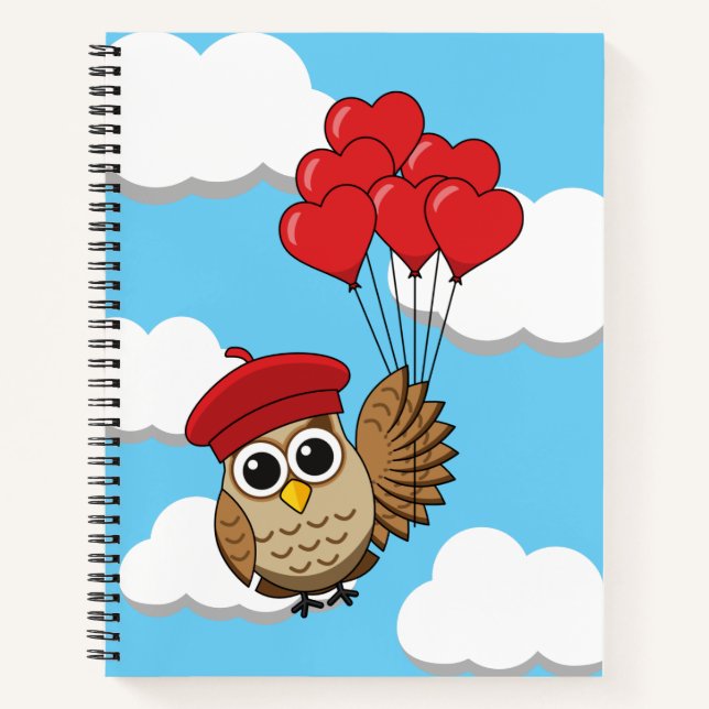 Cute Owl Flying with Heart Balloons Notebook (Front)