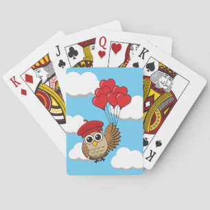 Cute Owl Flying with Heart Balloons Playing Cards