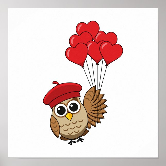 Cute Owl Flying with Heart Balloons Poster (Front)