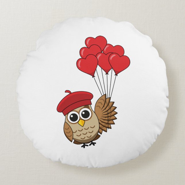 Cute Owl Flying with Heart Balloons Round Cushion (Front)