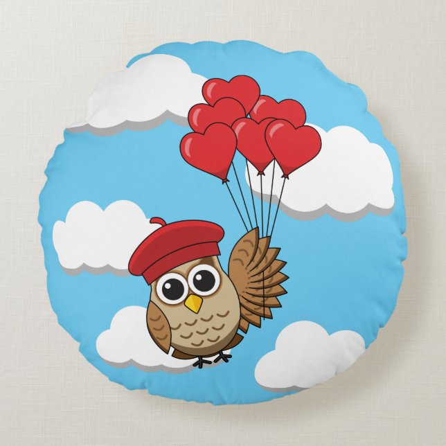 Cute Owl Flying with Heart Balloons Round Cushion (Front)