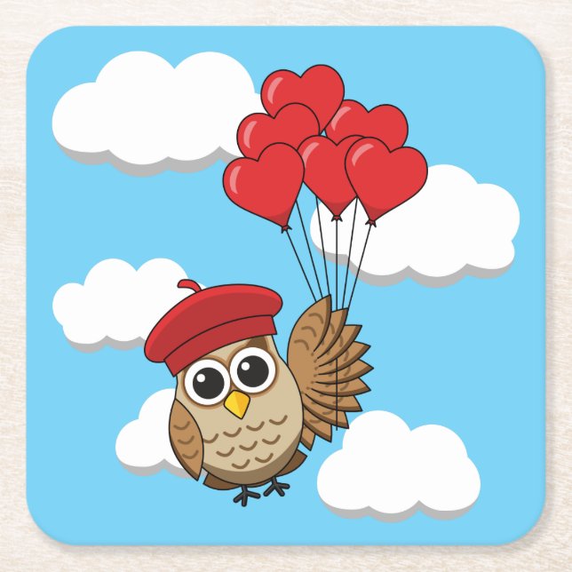 Cute Owl Flying with Heart Balloons Square Paper Coaster (Front)