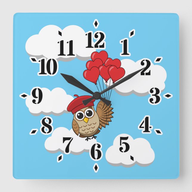Cute Owl Flying with Heart Balloons Square Wall Clock (Front)