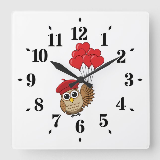 Cute Owl Flying with Heart Balloons Square Wall Clock (Front)