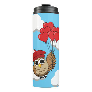 Cute Owl Flying with Heart Balloons Thermal Tumbler