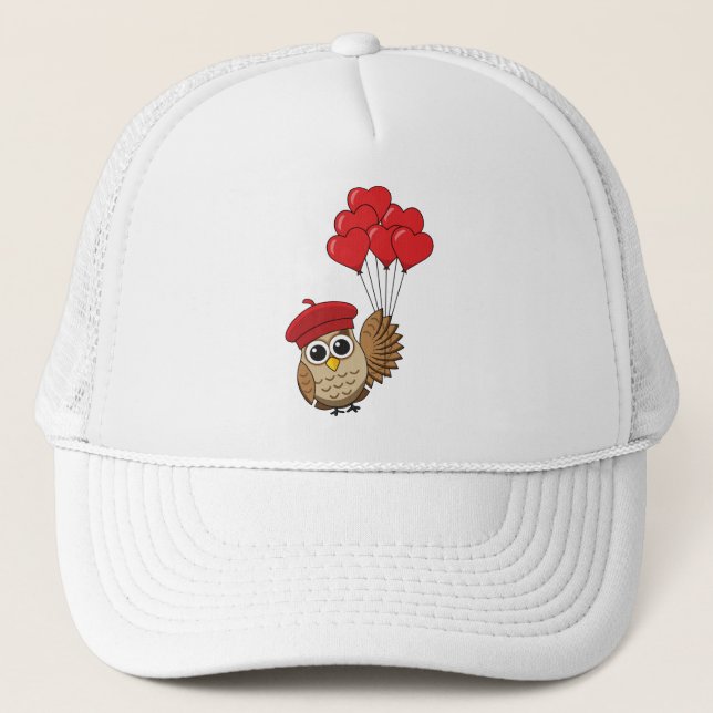 Cute Owl Flying with Heart Balloons Trucker Hat (Front)
