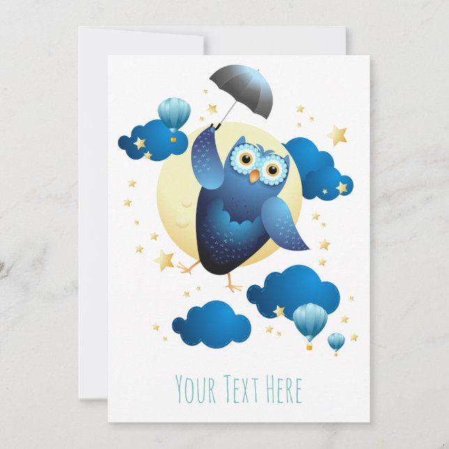 Cute Owl Flying with Umbrella Invitation (Front)