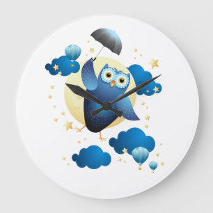 Cute Owl Flying with Umbrella  Large Clock
