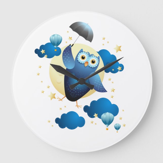 Cute Owl Flying with Umbrella  Large Clock (Front)