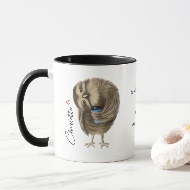 Cute Owl Funny Love Script Personalised Name Mug (With Donut)