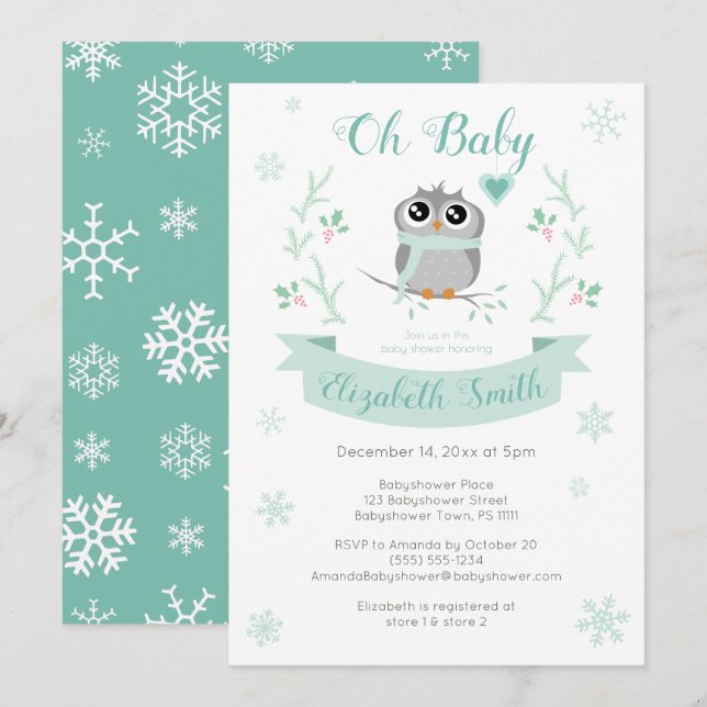 Cute owl gender neutral winter babyshower invitation (Front/Back)