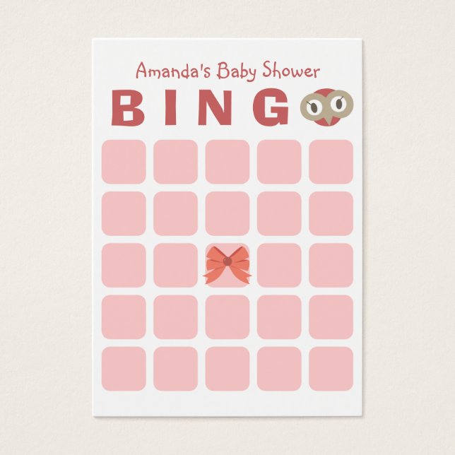 Cute Owl Girl 5x5 Baby Shower Bingo Card (Front)