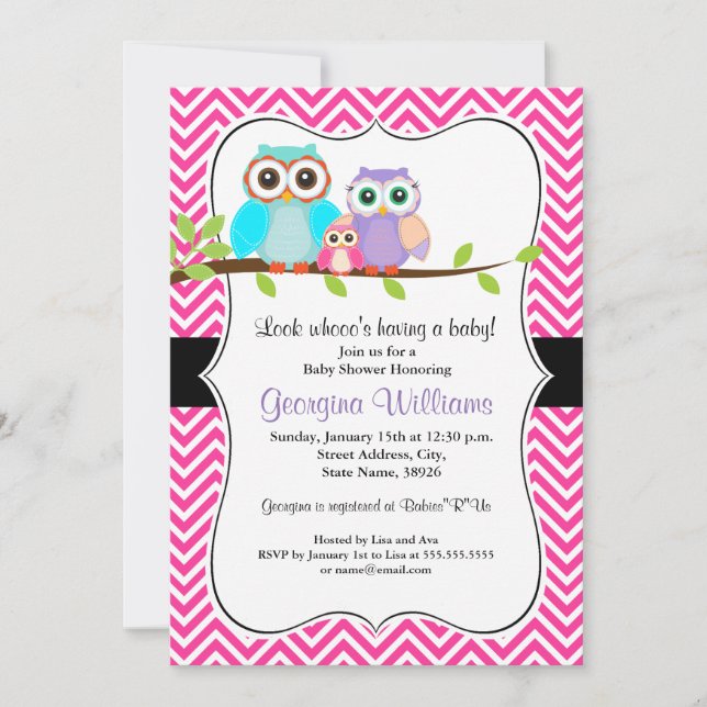 Cute Owl Girl Baby Shower Invitation. Pink Invitation (Front)