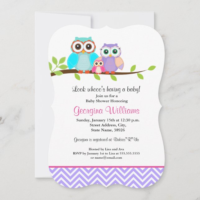 Cute Owl Girl Baby Shower Invitation Purple Pink (Front)