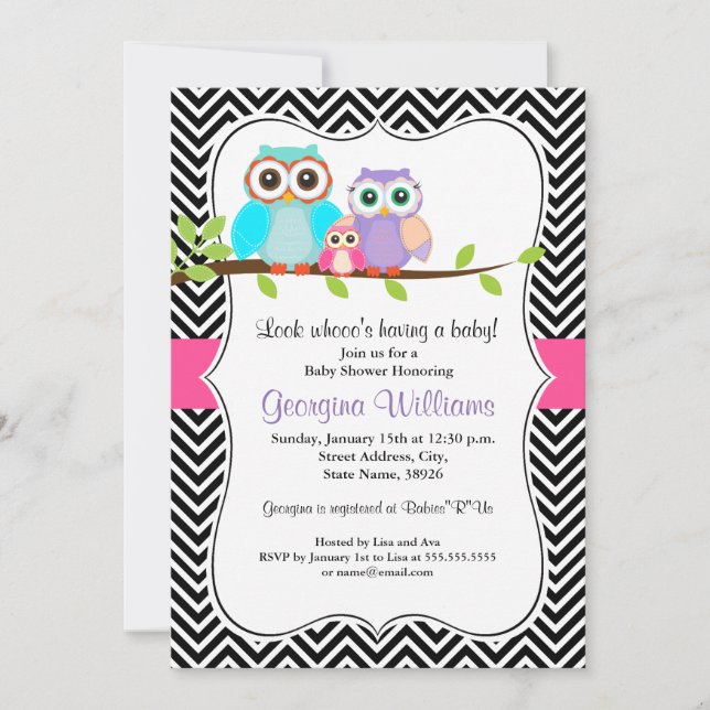 Cute Owl Girl Baby Shower Invite (Front)