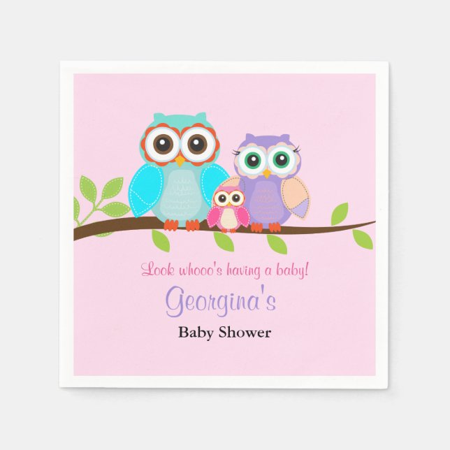 Cute Owl Girl Baby Shower Napkins (Front)