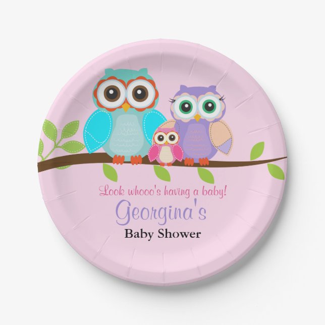 Cute Owl Girl Baby Shower Paper Plates (Front)