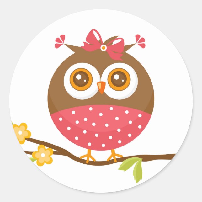 Cute Owl Girl Bird Cartoon Character Classic Round Sticker (Front)