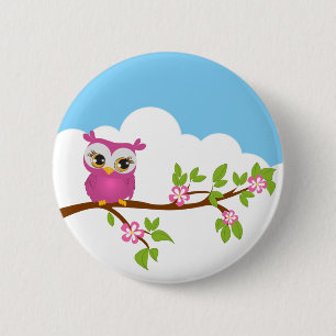 Cute Owl Girl on a Branch Button