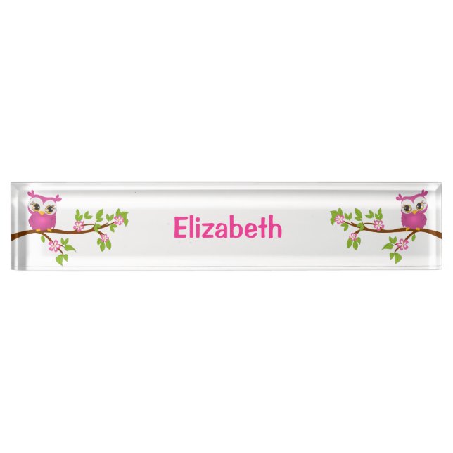 Cute Owl Girl on a Branch Desk Nameplate (Front)