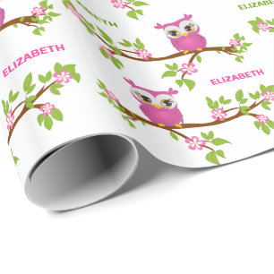 Cute Owl Girl on a Branch Name Wrapping Paper