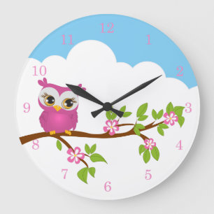 Cute Owl Girl on a Branch Wall Clocks