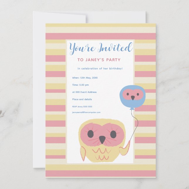 Cute Owl Girls Birthday Party Photo Invitation (Back)