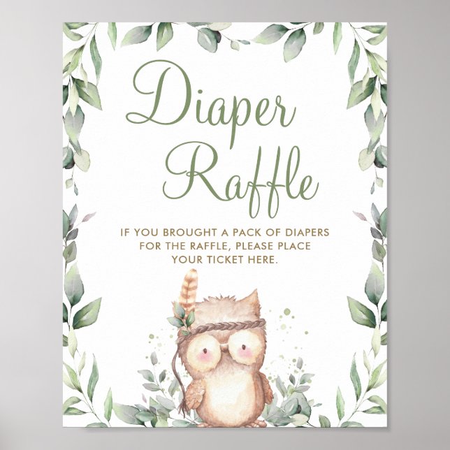 Cute Owl Greenery Baby Shower Diaper Raffle Sign (Front)