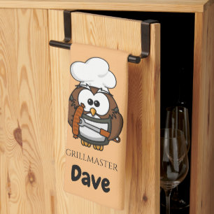 Cute Owl Grillmaster Personalised Kitchen Towel