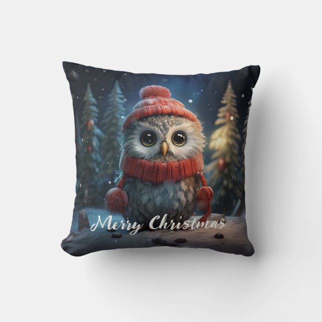 Cute Owl Happy Holidays Christmas Cushion (Front)