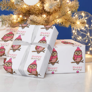 Cute Owl Happy Holidays Pink Trendy Christmas Bird Wrapping Paper