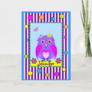 Cute Owl Happy Name & Birthday text Card