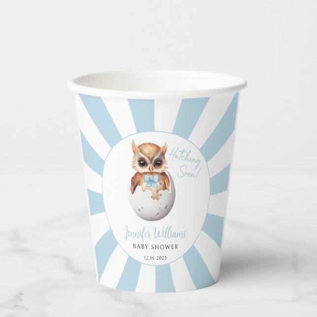 Cute owl hatching soon baby boy shower paper cups (Front)