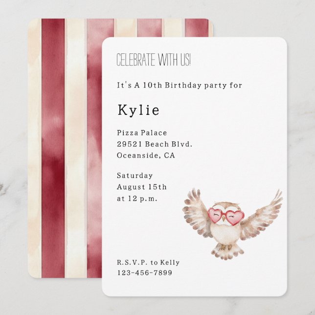 Cute Owl Heart Glasses Birthday   Invitation (Front/Back)
