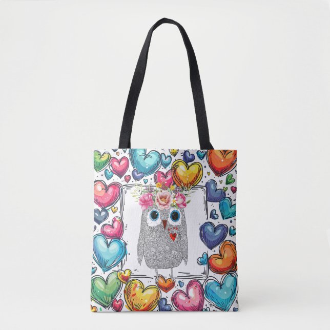 Cute Owl Heart Tote Bag (Front)