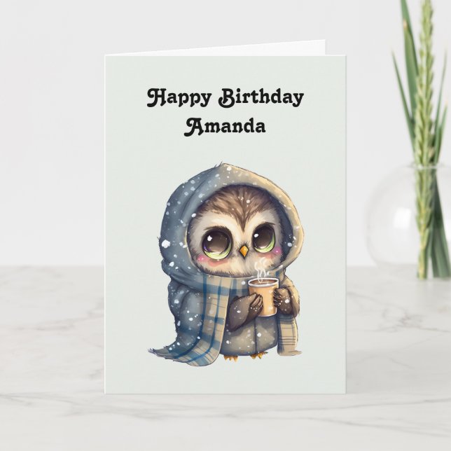 Cute Owl Holding a Coffee Birthday Card (Front)