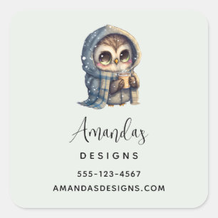 Cute Owl Holding a Coffee Business Square Sticker