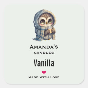 Cute Owl Holding a Coffee Candle Business Square Sticker