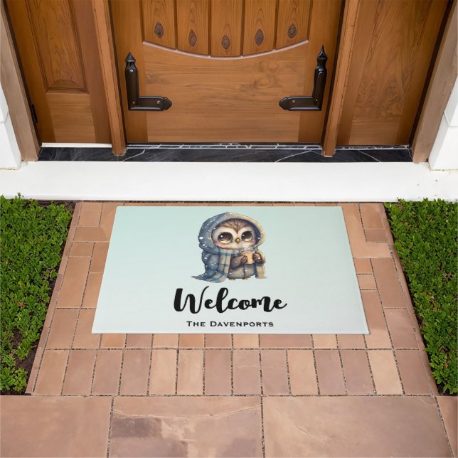 Cute Owl Holding a Coffee Doormat (Outdoor)