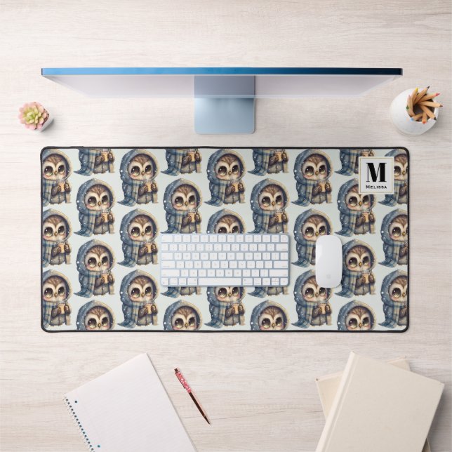 Cute Owl Holding a Coffee Pattern Monogram Desk Mat (Office 1)