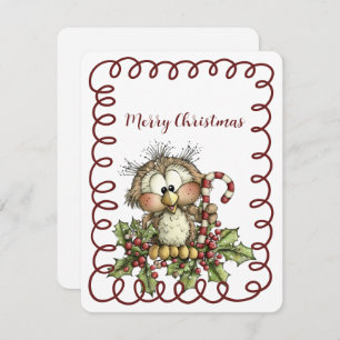 Cute Owl Holding Candy Cane Holiday Card
