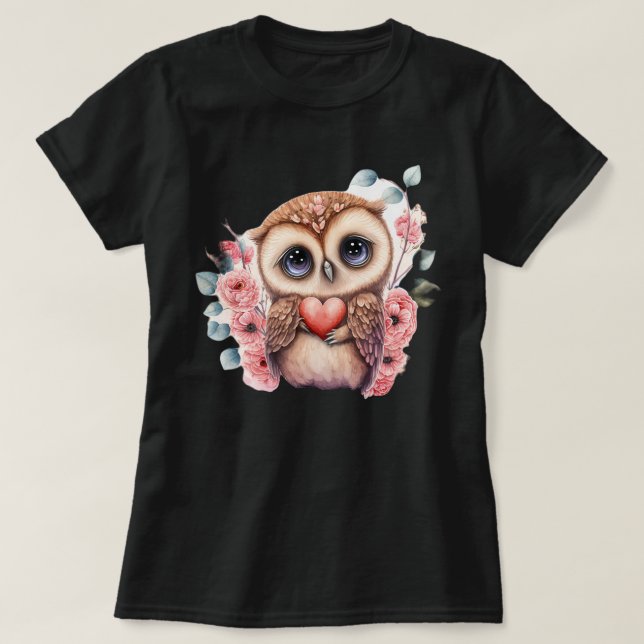 Cute Owl Holding Heart Amidst Colourful Floral  T-Shirt (Design Front)