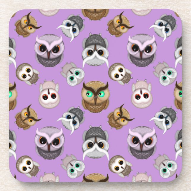 Cute Owl Illustration Pattern on Purple Background Coaster (Front)