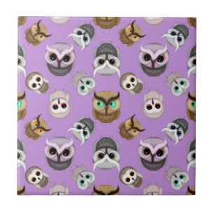 Cute Owl Illustration Pattern on Purple Background Tile