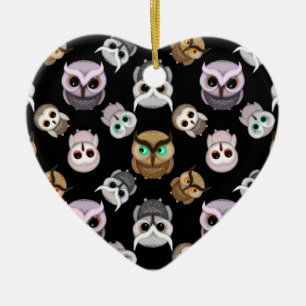 Cute Owl Illustrations over Black Background Ceramic Tree Decoration