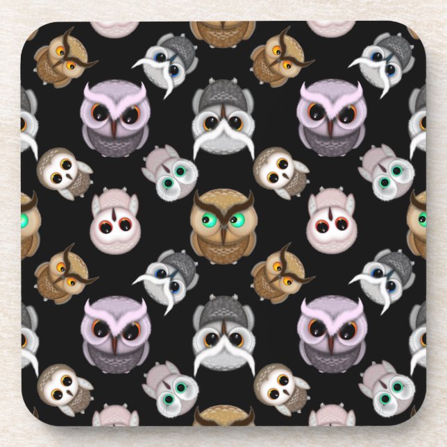 Cute Owl Illustrations over Black Background Coaster (Front)