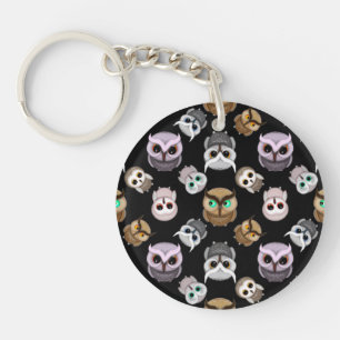 Cute Owl Illustrations over Black Background Key Ring
