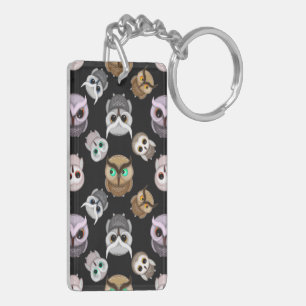 Cute Owl Illustrations over Black Background Key Ring